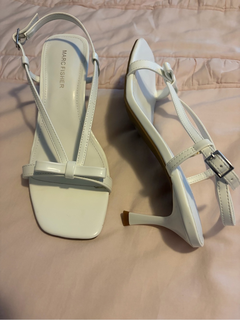 Marc Fisher White T-Strap Slingback Kitten Heels